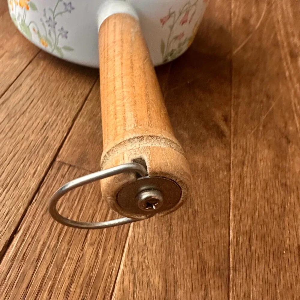 Vintage Enamel Floral Saucepan Unisex 7in Wood Handle White Orange 1970s Kitchen
